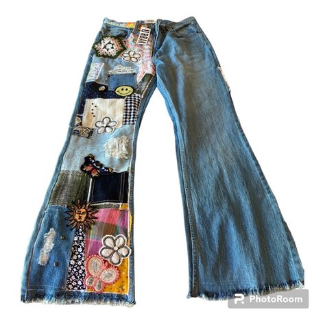 Blue Women Jeans From Urban Outfitters With Designs And Different Colors A Little Bit, A Green, Purple Orange, And They Have Patches On Jeans Upcycling, Patchwork, Funky Denim Jeans, Patchwork Bell Bottom Jeans, Jeans Patches Diy, Iron On Patch Jeans, Jean Patches Ideas, Bride Jeans, Home Made Clothes