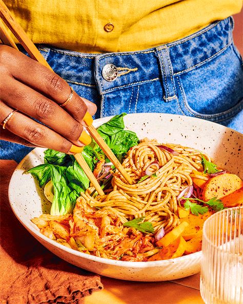 Motion | BurkleHagen Food Photography Soba Noodle Bowl, Kimchi Ramen, Korean Chili Flakes, Noodle Bowls Recipes, Korean Noodles, Gochujang Sauce, Soba Noodle, Cooking Sweet Potatoes, Restaurant Photography