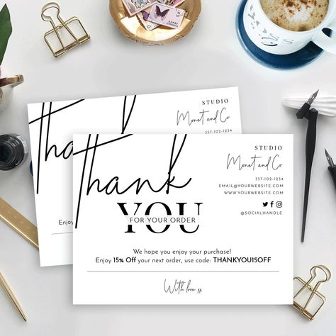 Minimalist Thank You for your order card template, thank you for your purchase card, Thank you package insert, Customer thank you note CORJL https://etsy.me/2KTL7gI #shopthankyoucard #thankyouforordercardtemplate #customerthankyoucardtemplate #parcelinsertcard Thank Cards, Papan Tulis Kapur, Desain Merek, Business Thank You Notes, Etsy Packaging, Pola Bordir, Small Business Cards, Packaging Ideas Business, Thank You Card Design