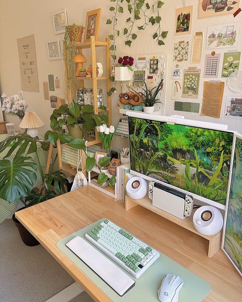 side view of my setup + home cafe 🍵🌿✨ (don’t zoom into my desktop icons 💀) happy almost friday friends! 💚🫶 how has everyone’s week been so far? ✨ my week has been full of activities! I’m actually working on renovating my kitchen ✨ I’m hoping to film more food videos once it’s all complete! 💚 besides that, I’ve been spending a lot of offline time hanging out with friends~ also! I’m going to my first Pilates class this weekend!! Has anyone gone to one before? 🍃 🏷️🌿 #desksetup #deskdecor #coz... Office Setup Aesthetic, Wood Desk Setup Aesthetic, Cubicle Decor Office Work Spaces, Brick Wall Interior Design, Creative Kids Rooms, Dream Desk, Cozy Desk, Dorm Design, Dream Bedroom Inspiration