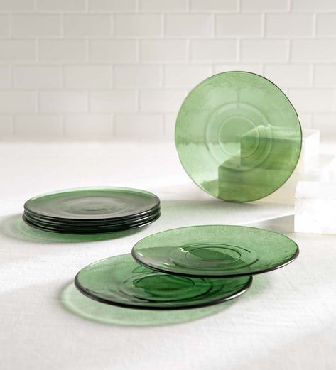 Sand Palette, Contemporary Dinnerware, Green Dinnerware, Pink Glassware, Green Plates, Green Glassware, Glass Dinnerware, Pretty Decor, Beautiful Backdrops