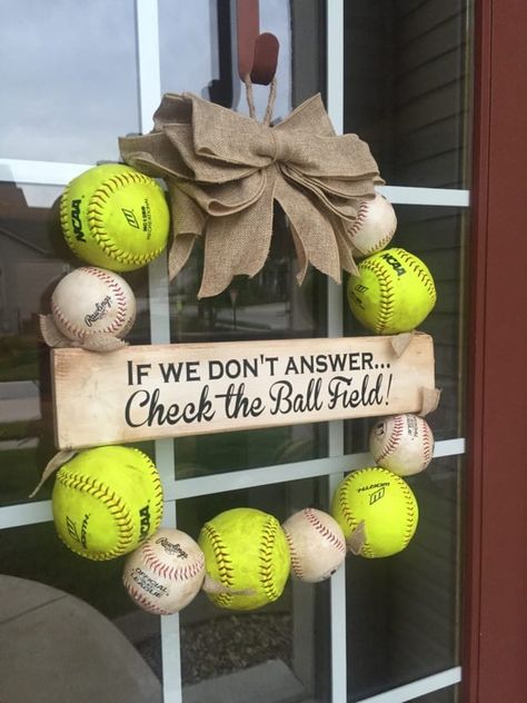 Softball Bedroom, Softball Wreath, Softball Room, Baseball Wreath, Softball Party, Softball Crafts, Baseball Wreaths, Sports Storage, Baseball Crafts