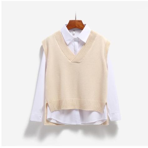 Women Beige Sweater Vest , Not Bulky Size L Manche, Casual Korean Style, Vest Women, Sweater Vest, Sleeveless Top, Outfit Ideas, Tunic Tops, Sweaters For Women, Fall Winter