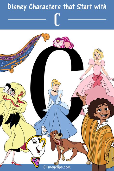 Disney characters' names that start with the letter C include Carpet, Camilo, Charlotte, the Cheshire Cat, Chip, Copper and Cruella De Vil #disney, #disneycharacters, #disneyalphabet Costumes Starting With C, Disney Characters Letters, Alphabet Disney, Disney Characters Images, Disney Letters, Abc Disney, Disney Alphabet, Character Letters, Disney Classroom