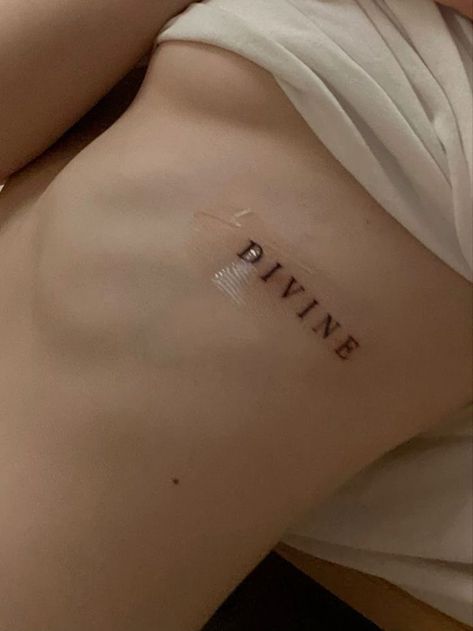 Divine Tattoo, Rib Tattoos Words, Rib Tattoo Quotes, Tattooed Woman, Rib Tattoos For Women, Ribcage Tattoo, Petite Tattoos, Discreet Tattoos, Dainty Tattoos