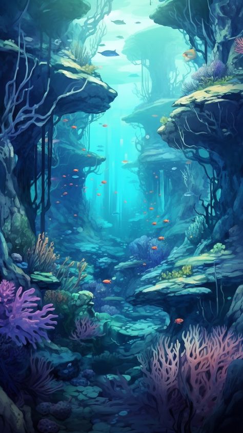 Illustrated Underwater World. #Aigenerated #wallpaper for your mobile devices! #Download it for #Free right here in good quality. Sea World Wallpaper, Under Water Art Illustration, Underwater Rocks Drawing, Underwater World Fantasy Mermaids, How To Draw Underwater Scene, Underwater Scenery Drawing, Sea World Drawing, Underwater Scene Drawing, Under Sea Drawing