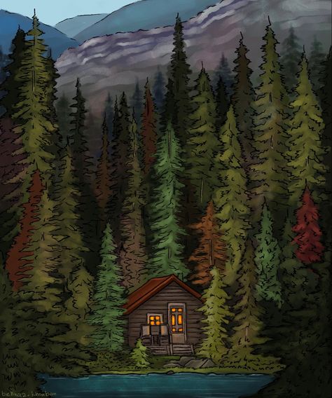 Tree House Painting Ideas, Cottage In The Woods Drawing, House In The Woods Painting, Abstract Forest Painting Acrylics, House In Forest Drawing, Cabin In Woods Painting, Forest House Drawing, Cabin In The Woods Drawing, Woods Drawing