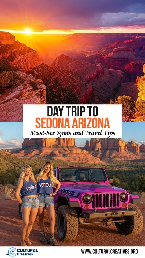 A scenic Day Trip to Sedona Arizona featuring stunning red rock landscapes at sunset and a vibrant off-road adventure with a pink jeep, perfect for exploring must-see spots. Arizona Itinerary, Devils Bridge, At Airport, Arizona Travel, Sedona Arizona, A Perfect Day, Red Rock, Perfect Day, Sedona