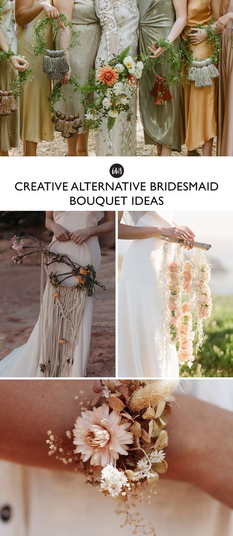 These Fun Alternative Bridesmaids Bouquet Ideas Will Spark Your Creativity! | Green Wedding Shoes Wedding Bouquet Without Flowers, Bridesmaid Flower Ring Bouquet, Flower Alternatives Bridesmaids, Unconventional Bouquet Wedding, Ring Bouquets For Bridesmaids, Alternate Bridesmaid Bouquet Ideas, Bridesmaid Carrying Ideas Unique, Compact Wedding Bouquet, Alternative For Bridesmaid Bouquet