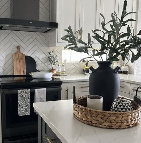 Black Kitchen Table, Girl Apartment Decor, Kitchen Countertop Decor, Kitchen Table Centerpiece, Countertop Decor, Olive Branches, Kitchen Island Decor, Kitchen Counter Decor, Counter Decor