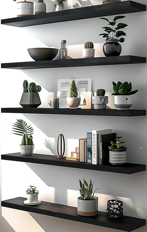 Amazon.com: HXSWY 36 Inch Rustic Floating Shelves Wall Mounted Farmhouse Wooden Wall Shelf for Bathroom Kitchen Bedroom Living Room Set of 5 Black : Home & Kitchen Modern Home Office Floating Shelves, Feature Wall Shelves, Floating Shelves With Desk, Modern Shelf Ideas, Mens Dark Bedroom, Boys Room Floating Shelves, Dark Shelves In Living Room, Work Office Shelf Decor, Box Shelving Ideas