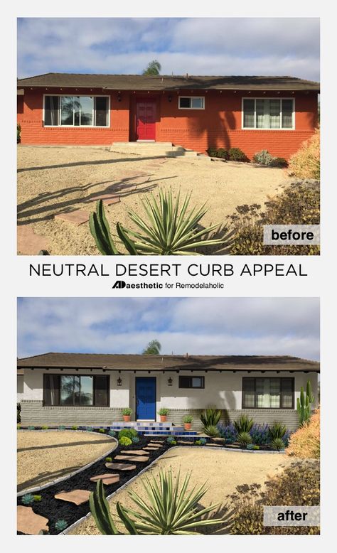 Southwestern stucco doesn't have to be "adobe orange" -- get some neutral desert curb appeal inspiration and ideas with this beautiful virtual makeover by AD Aesthetic on Remodelaholic.com Mid Century Modern Curb Appeal, Desert Home Exterior, Colonial Porch, Ad Aesthetic, Southwest House, Private Idaho, Ranch Houses, Desert House, Home Exterior Makeover