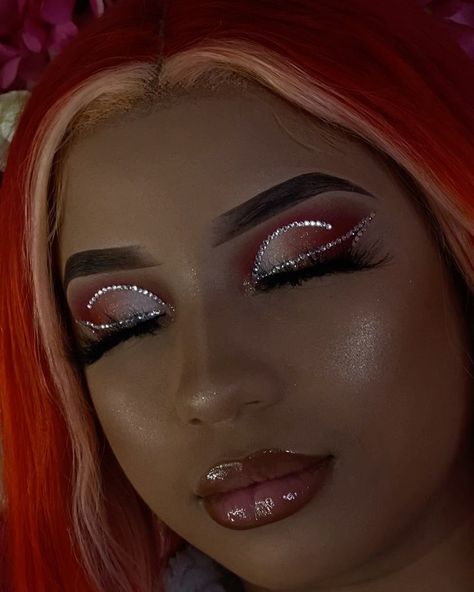 Flamingo Costume Makeup, Red Cut Crease Eyeshadow, Fire And Ice Makeup, Simple Rhinestone Makeup, Red Glam Makeup, November Makeup, Leo Makeup, Flame Makeup, Leo Photoshoot