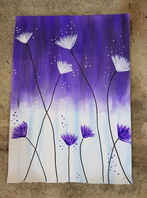 One Colour Painting Art, Purple Easy Paintings, Simple Purple Painting, Purple Paintings Easy, Purple Drawing Easy, Sponge Painting Canvas, Pink Sky Drawing, Purple Canvas Painting Easy, Easy Purple Painting Ideas