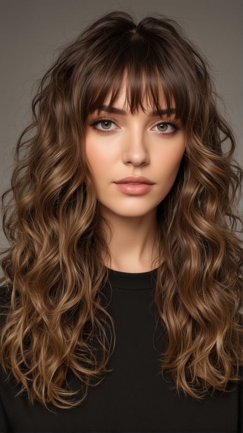 Wavy Perm With Bangs, Digital Perm With Bangs, Haircuts For Wavy Curly Hair Long Layered Bangs, Asian Perm Women Medium Hair, Bangstyle Hair Long Curly, Curl Hair With Bangs, Jessica Day Hair, Wavy Mid Length Hair With Layers, Wavy Bangs Medium Hair