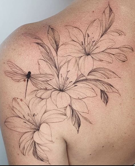 Name Tattoo For Women, Kids Name Tattoo, Shoulder Tattoo Designs, Drawing Tattoo Ideas, Feminine Shoulder Tattoos, Water Lily Tattoos, Stomach Tattoos Women, Lily Flower Tattoos, Women Drawing