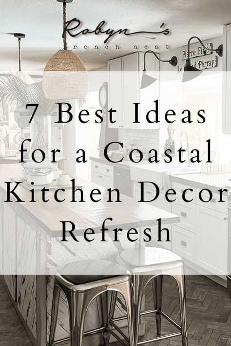 Coastal Decor Above Kitchen Cabinets, Coastal Kitchen Counter Decor Ideas, Coastal Kitchen Counter Decor, Coastal Kitchen Wall Decor, Coastal Bar Design, Costal Kitchen Aesthetic, Beach Decor Kitchen, Modern Beach House Kitchen, Above Cabinet Decor Kitchen