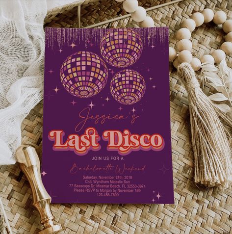 Last Disco Bachelorette Invitation with Itinerary, Hippie, Retro, Groovy, Template Retro Invitation Design, Last Disco Bachelorette, Retro Invitation, Last Disco, Disco Bachelorette, Bachelorette Invitation, Bachelorette Ideas, Bachelorette Invitations, Retro Groovy