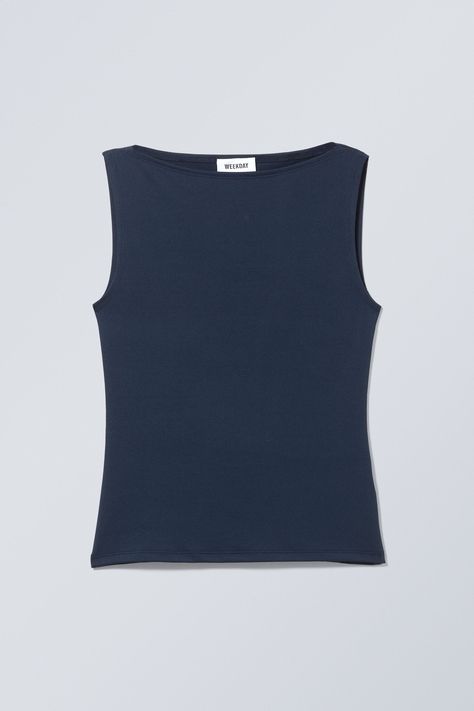 annie boatneck sleeveless top - Midnight Blue | Weekday EU Swedish Street Style, Boat Neck Tops, Shirts & Tops, Boat Neck, Midnight Blue, Fashion Inspo Outfits, Fashion Brand, Sleeveless Top, Dark Blue