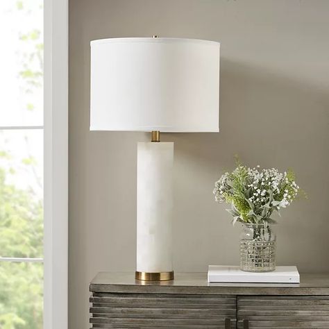 Hampton Hill Prague Alabaster Table Lamp Alabaster Living Room, Alabaster Stone, Drum Table, Grey Table Lamps, White Alabaster, Gold Table Lamp, Bedside Lamps, Cool Floor Lamps, Gold Table