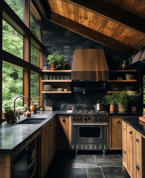 Moody Elevated Cabin Design - Our First Project of 2024 - Farmhouse Living Modern Log Cabin Renovation, Kitchen Modern Rustic Design, Cozy Wood Interior, Cabin Living Aesthetic, Interior Design Copper, Woodsy Aesthetic House, Mountain Modern Farmhouse, Moody Cabin Kitchen, Mountain Cabin Interiors Rustic