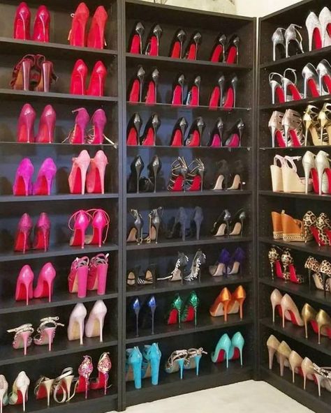 Louboutin Fan Page on Instagram: “How many pairs do you see?😍 #shoe #shoesaddict #shoelover #heels #louboutin #louboutinshoes #brand #fashion #luxurylifestyle” Easy Shoe Storage, Shoe Storage Small Space, Shoe Cupboard, Shoe Room, Dream Closets, In The Closet, Closet Designs, Shoe Closet, Closet Design