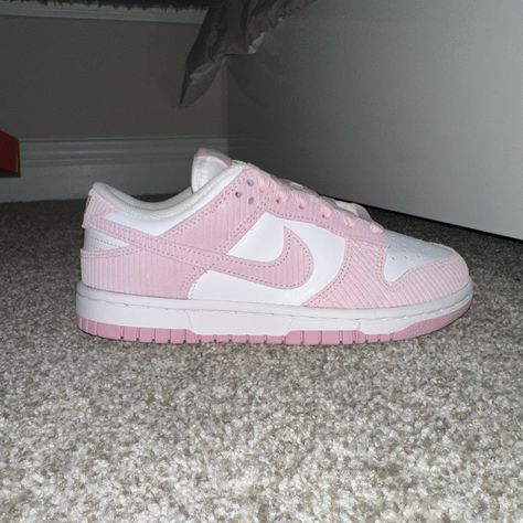 Hi Everyone, I'm Selling These Brand-New Pink Corduroy Nike Dunk Lows, Which I Purchased On Goat But Accidentally Got In The Wrong Size. The Good News Is That They've Never Been Worn And Are In Perfect Condition As Well As They Are Still In The Box That They Originally Arrived In. They're A Size 5.5 Women's/4 Men's. I'm Selling Them For $115 Usd, But I'm Willing To Negotiate The Price. Send Me A Dm For More Information! Pink Acisis, Pink Panda Dunks, Trendy Shoes For Teens, Light Pink Dunks, Nikes For Women, Shoes To Get, Nike Pink Shoes, Air Jordan Pink, Cute Pink Shoes