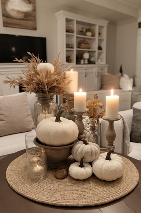 Neutral fall decor embraces earthy tones and natural textures. Think cozy beige throws, soft ivory pumpkins, rustic wooden accents, and subtle gold touches. It creates a warm, inviting atmosphere perfect for the season, blending seamlessly with any home style. #falldecor #falltabledecor #fall #falldecorations Natal, Home Decor Ideas Gold Accents, Fall Decor Thanksgiving, Neutral Color Fall Decor, Earthy Tones Home Decor, Beige Aesthetic House Decor, Fall Decor Ideas For The Home Aesthetic, Harvest Home Decor, Neutral Fall Home Decor Ideas