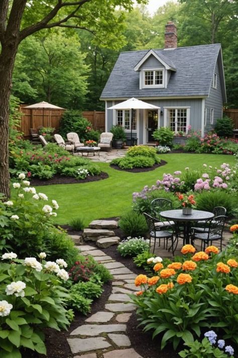 Enchanting English Cottage Garden Ideas for a Welcoming Front Yard  Imagine a serene English cottage garden with a gravel pathway meandering through vibrant flower beds filled with hollyhocks, foxgloves, and lavender. The cottage porch is framed by climbing roses and ivy, while a vintage bicycle with a basket of flowers leans against the stone wall, adding a nostalgic touch. Fairytale Backyard Ideas, Front Yard Cottage Garden Ideas, Cottage Yard Ideas, Cottage Patio Garden Ideas, Cottage Backyard Ideas, Garden Rooms Outdoor Spaces, English Cottage Garden Ideas, Small Yard Garden, Garden Ideas Backyard Landscaping