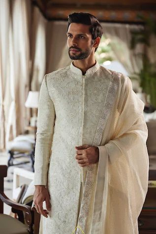 Chanderi Embroidered Sherwani with Stole Marriage Dress For Men, Sawan Gandhi, Ivory Sherwani, Groom Trends, White Sherwani, Sherwani For Men Wedding, Embroidered Sherwani, Groom Dress Men, Wedding Outfits For Groom