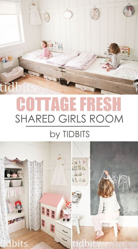 Shared Girls Room, Cottage Style by TIDBITS-Love how they did the walls, the beds and the closet is so adorable! Small Shared Bedroom, Sister Bedroom, Shared Girls Room, Sister Room, Shared Girls Bedroom, Shared Bedroom, Shared Room, Girl’s Room, Twins Room