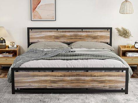 IKIFLY King Size Metal and Wood Bed Frame/Industrial Platform Bed with Wooden Headboard Footboard/Heavy Duty Steel Slats Support/No Box Spring Needed（King, Light Brown Metal And Wood Bed Frame, Metal And Wood Bed, Cabin Guest Room, California King Bed Frame, Bed Frame Sizes, Mid Century Modern Bed, King Platform Bed, Full Bed Frame, Farmhouse Industrial