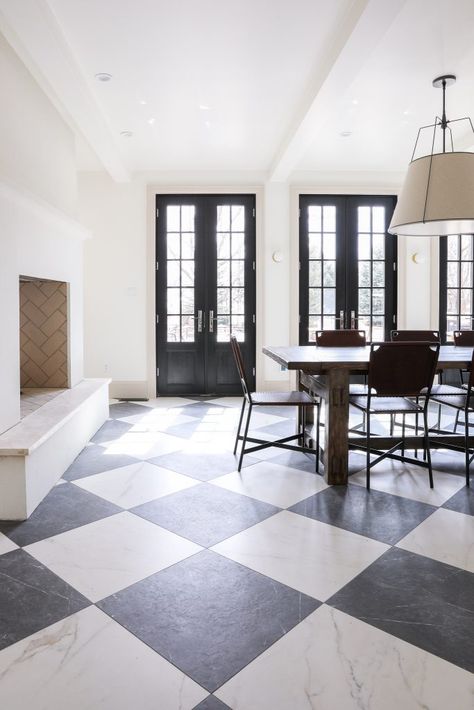 Auxiliary Kitchen, Dining Room Doors, Black And White Checkered Floor, Small Leather Chairs, French Transitional, Dining Extension, Hinged Patio Doors, Patio Door Handle, Dining Room Updates