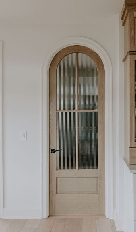 Glass Doorway Interior, Fluted Glass Wooden Door, Interesting Doors Interior, Indoor Doors Design, Windows That Open Like Doors, Vintage Wooden Door, Sliding Glass Door Trim Ideas Interior, Office With Pocket Doors, Fluted Glass Arch Door