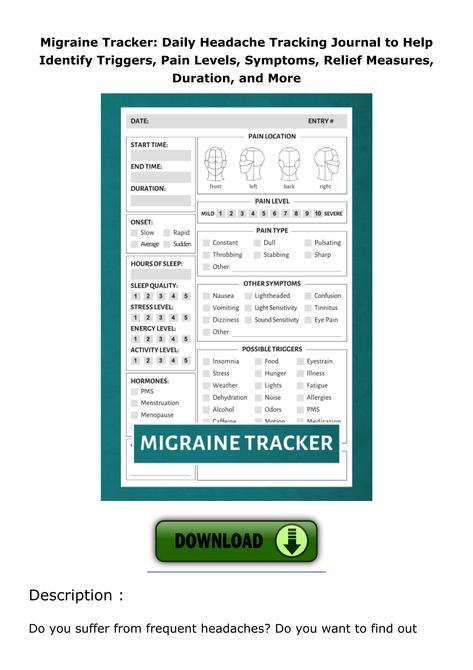 [READ DOWNLOAD] Migraine Tracker: Daily Headache Tracking Journal to Help Identify Trigger Migraine Journal Template, Migraine Tracker Printable Free, Migraine Diary, Migraine Tracker, Tracker Printable Free, Identify Triggers, Tracking Journal, Daily Headaches, Eye Pain