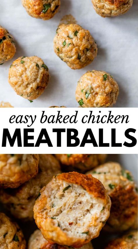 These Baked Chicken Meatballs are made with minimal ingredients and are bursting with irresistible Italian flavor. They’re delicious served on their own or covered in sauce on top of pasta.