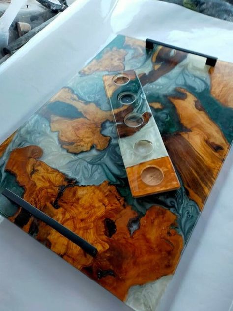 Rustic Bar Decor, Unique Charcuterie Board, Unique Charcuterie, Wood Serving Trays, Resin And Wood Diy, Handmade Ottomans, Round Serving Tray, Ottoman Tray, Resin Design