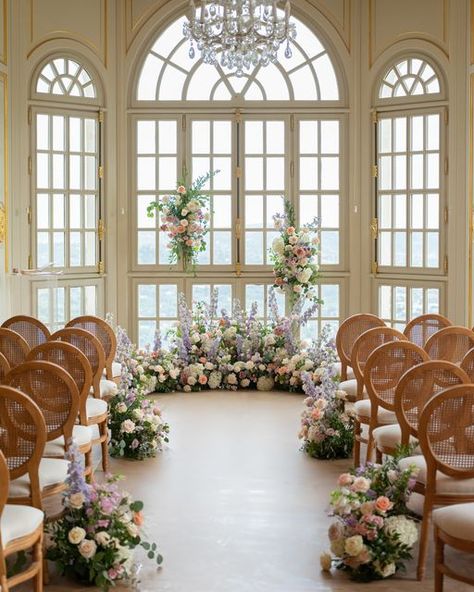 Emilie Hayotte French Wedding Floral Designer on Instagram: "Ceremony of S&J Pink,peach,purple floral design  A beautiful and lovely moment in the luxurious  @chateausaintgeorges   Wedding Planner : @dayloveevent  Venue : @chateausaintgeorges  Photographer : @cesarem.photography  Floral design : @lablondeetlebarbudesign Rentals : @jolibazaar  Officiant : @damouretdencre   #weddingceremony #interiorceremony #2022wedding #chateausaintgeorges #floraldesigners #weddingarch #bridgertonwedding #luxurywedding" Wedding Aisle Songs, Ceremony Aisle Flowers, Bridgerton Wedding, Ceremony Aisle, Aisle Flowers, Purple Wedding Flowers, Ceremony Inspiration, Ceremony Arch, Floral Designer