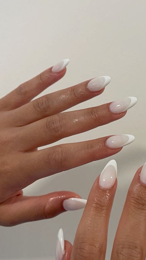 Milky White Nail With French Tip, Milky White On White French Nails, Milky White Nails With French Tip Almond, French Manicure With White Base, Milky White Nails With White French Tip, White On White Almond French, White On White French Tip Nails Almond, Milk French Tip Nails, White On White French Almond Nails