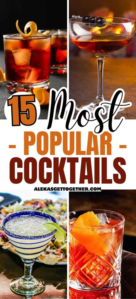 Here I've got a list of the most popular cocktails that are most commonly ordered at parties, bars or restaurants. Common Bar Drinks, Best Bar Drinks, Fruity Vodka Drinks, Popular Bar Drinks, Most Popular Alcoholic Drinks, Bar Drink Recipes, Popular Alcoholic Drinks, Cocktails Made With Vodka, Cocktails Made With Gin