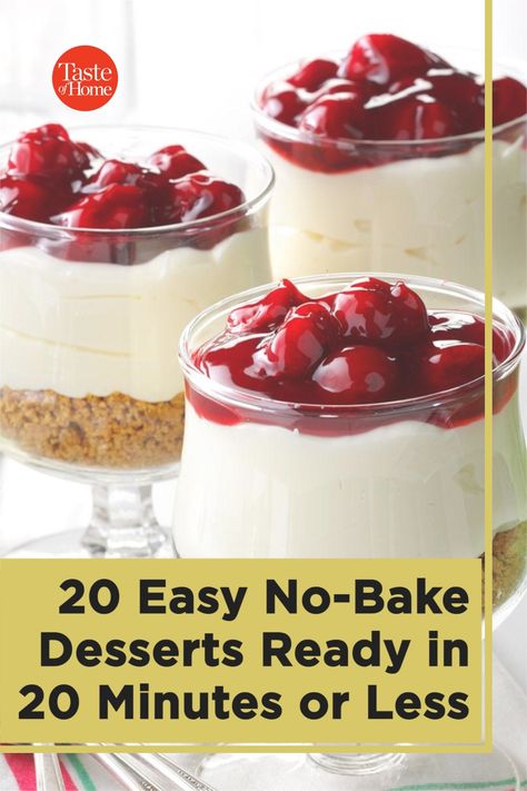 We all need a few recipes for quick, no-bake desserts in our recipe boxes. And by quick we mean from the bowl to the table in 20 minutes or less—no set-up time, no extended chills in the fridge. These treats are ready to eat fast! Really Fast Desserts, 20 Minute Dessert Recipes, Quick Family Desserts, Pretzel No Bake Dessert, No Nut Dessert Recipes, 20 Min Desserts, Easy And Quick Desserts No Bake, Easy Desserts To Make In Bulk, Quick And Easy Cold Desserts