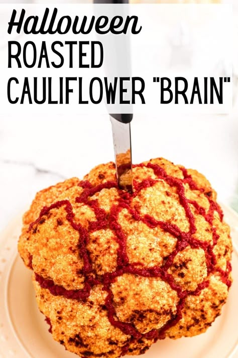 Make this spooky and grotesque Roasted Cauliflower Brains for your Halloween dinner table or Halloween party. This is actually a really healthy and delicious plant-based dish that is gluten-free too. This is a perfect vegetable recipe for the season. Halloween Roasted Veggies, Halloween Cauliflower Skull, Gluten Free Halloween Dinner Ideas, Halloween Party Food Vegetables, Halloween Vegetables Dishes, Cauliflower Brain Halloween, Spooky Veggies For Halloween, Vegetable Halloween Snacks, Vegan Halloween Recipes Savory