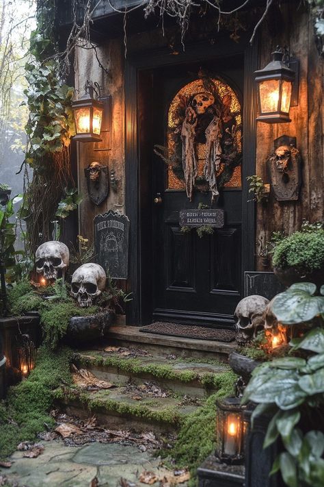 29 Halloween Decor Front Porch Ideas for a Spooktacular Welcome 26 Scary Halloween House Decoration Outdoor, Gothic Halloween Porch Decorations, Halloween Greenhouse Decor, Haunted Manor Halloween Decor, Spooky Cemetery Graveyards, Haunted Garden Aesthetic, Gothic Outdoor Halloween Decor, Haunted Porch Ideas, Haunted Forest Halloween Decor