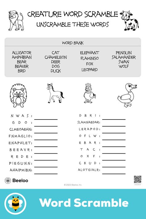 Advanced animal-themed word scramble for kids ages 8 and up Scramble Words Worksheet, Word Scramble For Kids, Word Unscramble, 3rd Grade Words, Unscramble Words, Scramble Words, Crafts And Activities For Kids, Animal Printables, Animal Worksheets