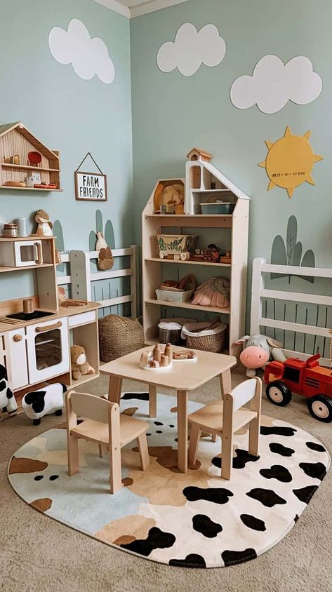 Toddler Playroom Essentials - Home with Ava Farm Animal Playroom, Modern Cottage Playroom, Neutral Toy Story Room, Woodland Theme Playroom, Montesorri Playroom, Farm Theme Nursery Boy Rooms, Church Nursery Ideas Activities, Daycare Ideas Room, Toddler Room Themes