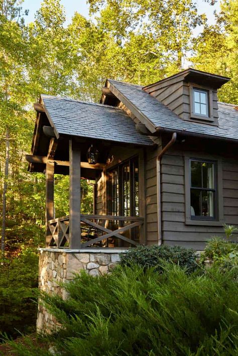 Love all the extra touches, the craftsman details.  Whimsical lakeside cottage retreat with cozy interiors on Lake Keowee Rustic Cottage Exterior, Stone Exterior Houses, Rustic Lake Houses, Lake Houses Exterior, Cottage Decorating, Lake Keowee, Cottage Retreat, Lakeside Cottage, Cabin Exterior