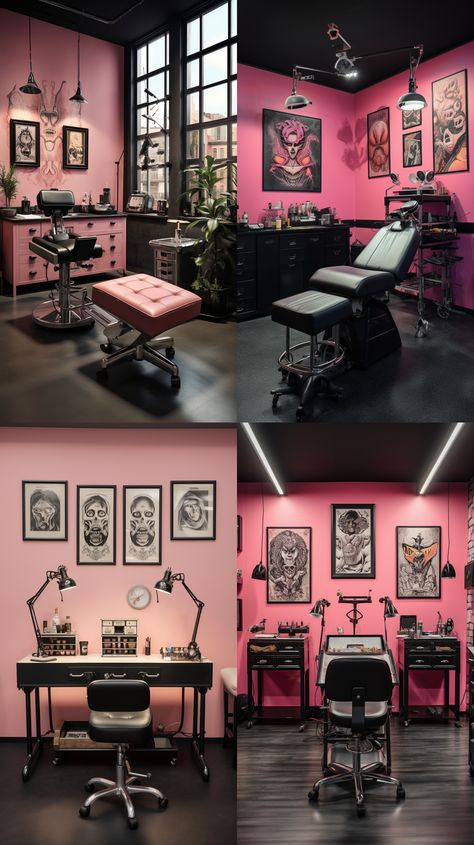 Tattoo Salon Design Ideas, Pmu Room Ideas, Couple Tattoos Long Distance, Home Tattoo Studio Ideas, Goth Nail Salon Decor, Tattoo Shop Ideas Decor, Pink And Black Salon Ideas, Tattoo Set Up Station, Goth Nail Tech Room