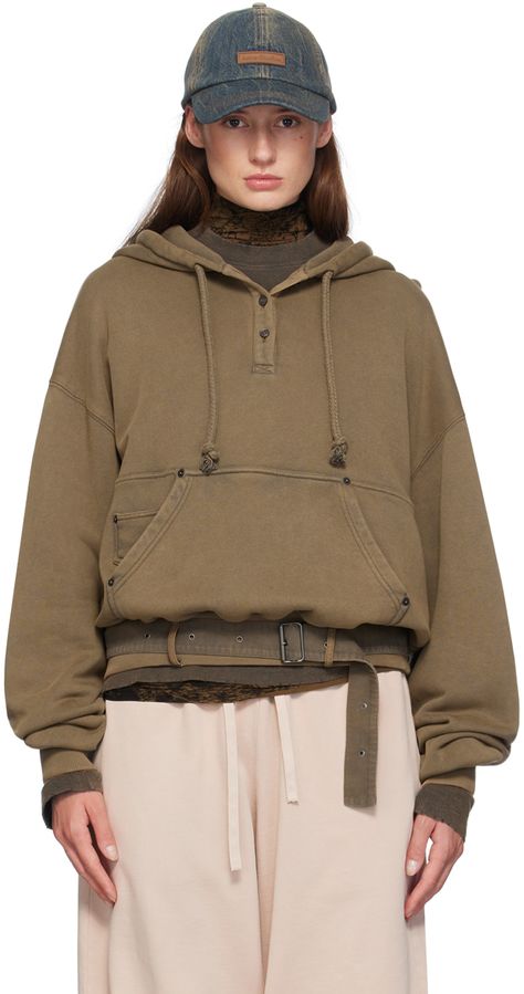 Garment-dyed organic cotton French terry hoodie. Fading throughout. · Drawstring at hood · Three-button placket · Kangaroo and patch pocket · Rib knit hem and cuffs · Belt loops and detachable pin-buckle belt at hem · Dropped shoulders · Logo printed at hood Supplier color: Mud brown Button Hoodie, Sketch Fashion, Acne Shop, French Terry Hoodie, Color Inspo, Buckle Belt, Fashion Sketches, Button Placket, Women Style