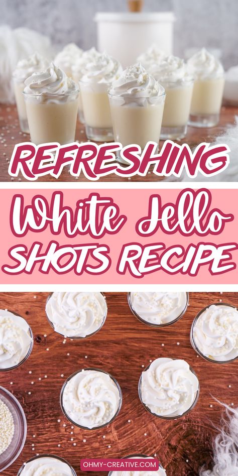 Learn how to make the best white jello shots that will make any party more fun! This simple recipe mixes cool flavors with a smooth, creamy texture that will have everyone asking for more. Great for parties or just a fun night at home, these jello shots are tasty and look amazing. With easy ingredients and simple steps, even beginners can make these tasty treats quickly. Show off your skills and surprise your friends with this cool take on regular jello shots. Perfect bachelorette jello shots Flavored Jello Shots, Silver Jello Shots, White Jello Shots Recipes, Creamy Jello Shots, Vanilla Jello Shots, White Jello Recipe, Shots With Whipped Cream, Bachelorette Jello Shots, White Jello Shots