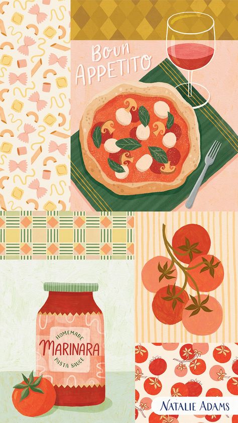 “Italian Flavors” Art Licensing Collection — Natalie Adams Studio Italian Restaurant Poster Design, Pizza Illustration Design, Italian Design Graphic, Italian Pattern Design, Recipe Graphic Design, Italian Graphics, Italian Food Illustration, Meal Illustration, Italian Food Poster